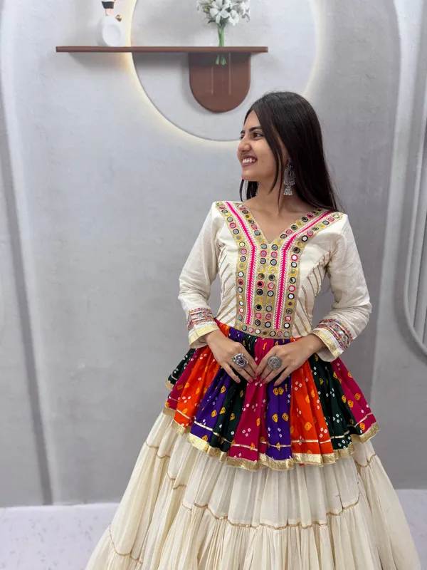 Multi-Color_Bandhani_Printed_Kediyu_Kurti_with_Tiered_White_Lehenga