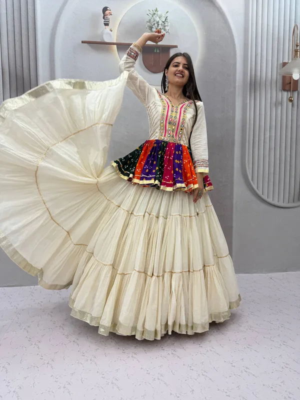 Multi-Color_Bandhani_Printed_Kediyu_Kurti_with_Tiered_White_Lehenga