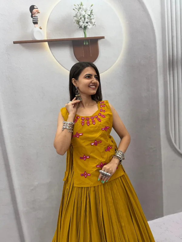 Mustard_Yellow_Handcrafted_Lehenga_Choli_with_Mirror_work_Shrug