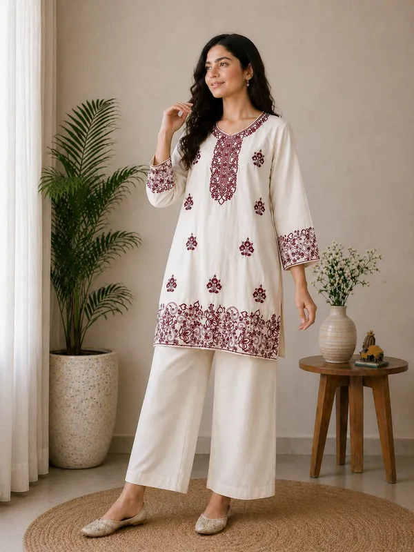 Off-White_Embroidered_Short_Kurta_&_Co-Ord_Pant_Set