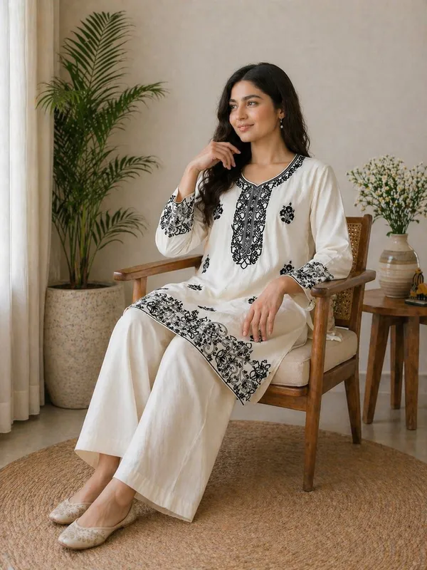 Off-White_&_Black_Embroidered_Short_Kurta_&_Co-Ord_Pant_Set