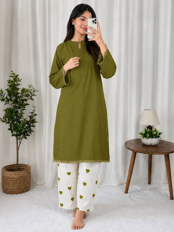 Olive_Green_Straight_Kurti_with_Off-White_Heart_Print_Pants_Set