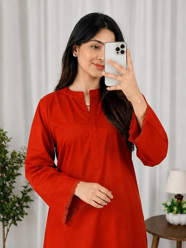 Orange_Straight_Kurti_with_Off-White_Heart_Print_Pants_Set