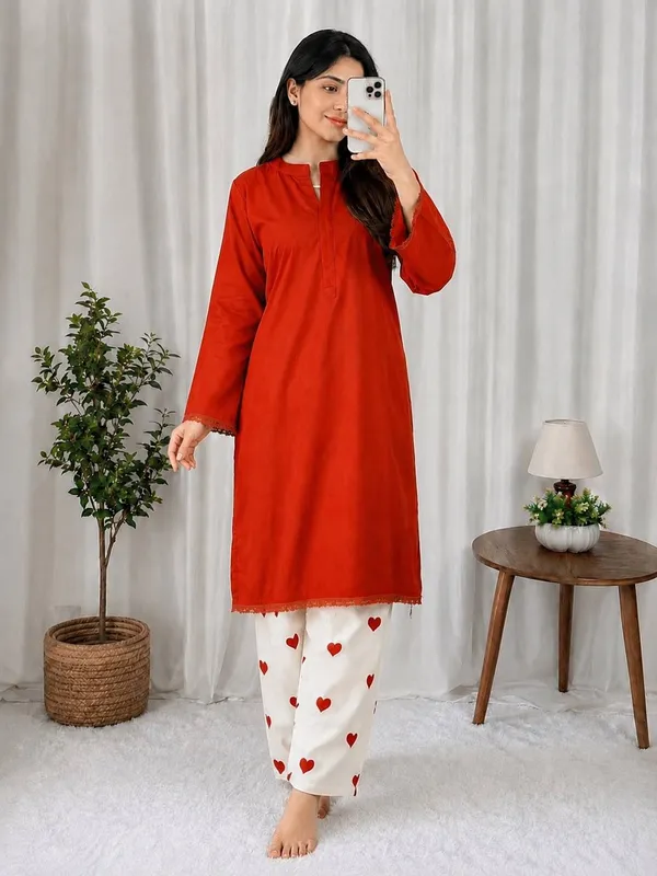 Orange_Straight_Kurti_with_Off-White_Heart_Print_Pants_Set