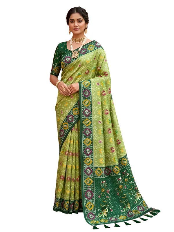 Parrot_Green_Ajrakh_Printed_Designer_Patola_Saree_with_Contrast_Border_&_Tassel_Pallu