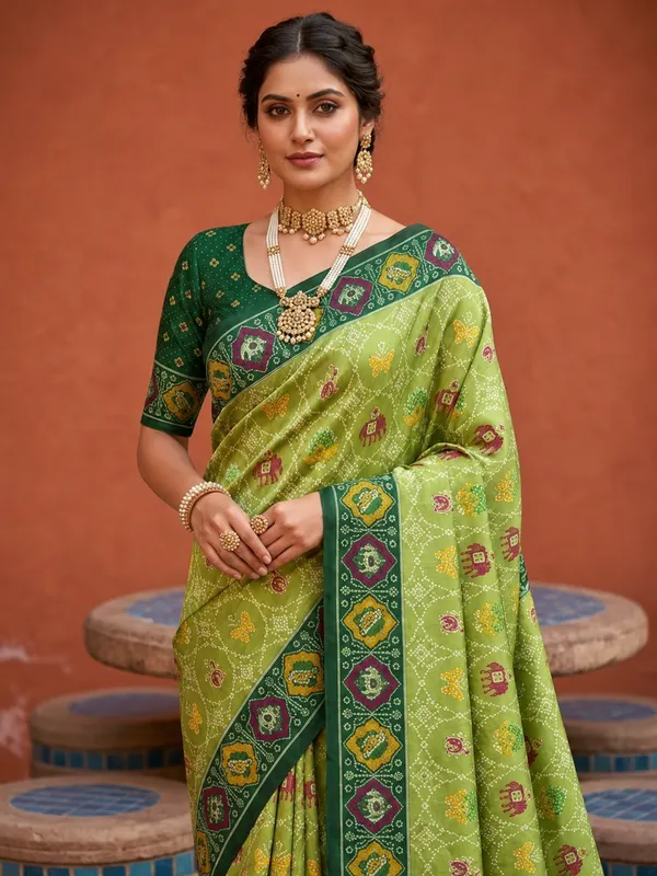Parrot_Green_Ajrakh_Printed_Designer_Patola_Saree_with_Contrast_Border_&_Tassel_Pallu