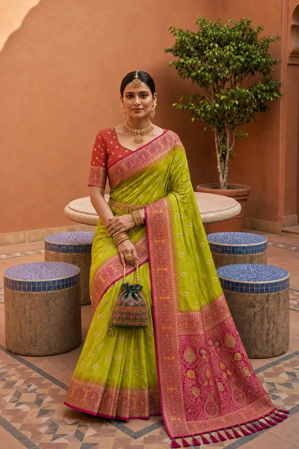 Parrot_Green_Designer_Banarasi_Saree_with_Intricate_Traditional_Border