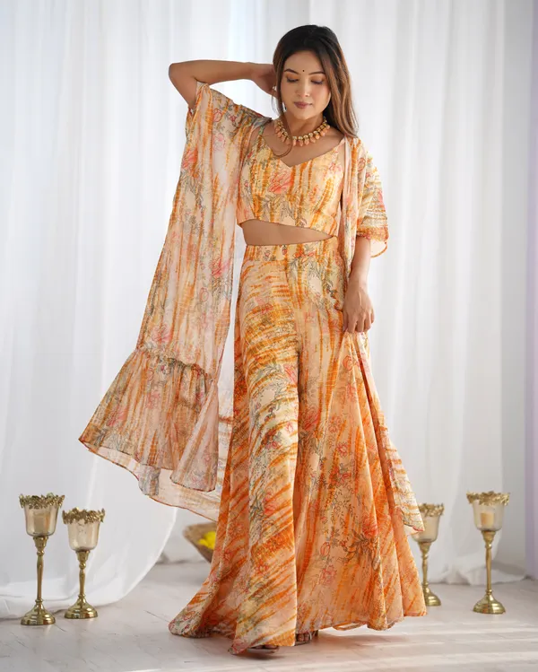 Peach_Floral_Printed_Georgette_Plazzo_Blouse_Set_with_Matching_Shrug