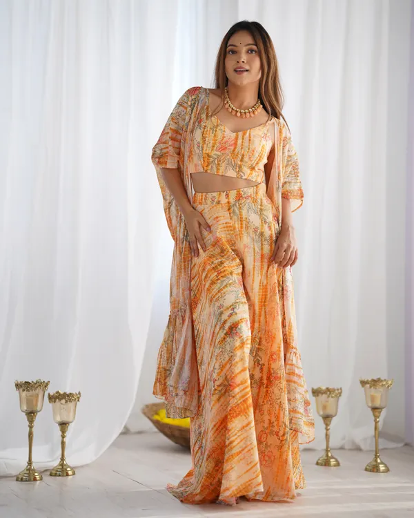 Peach_Floral_Printed_Georgette_Plazzo_Blouse_Set_with_Matching_Shrug