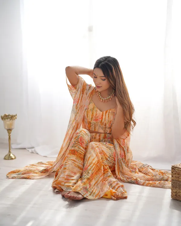 Peach_Floral_Printed_Georgette_Plazzo_Blouse_Set_with_Matching_Shrug