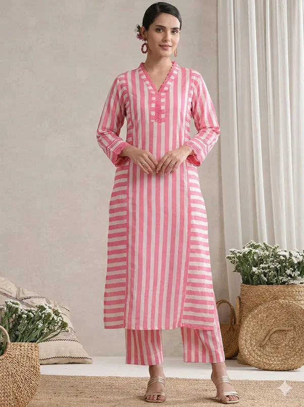 Pink_Striped_Cotton_Kurta_&_Straight_Pant_Set