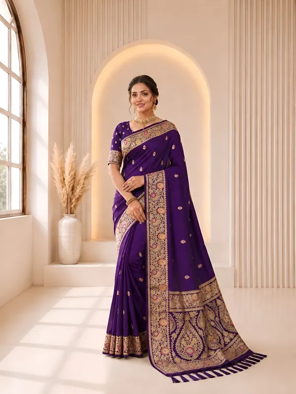 Purple_Banarasi_Silk_Saree_with_Intricate_Gold_Zari_&_Floral_Border