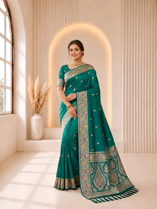 Rama_Green_Banarasi_Silk_Saree_with_Intricate_Gold_Zari_&_Floral_Border
