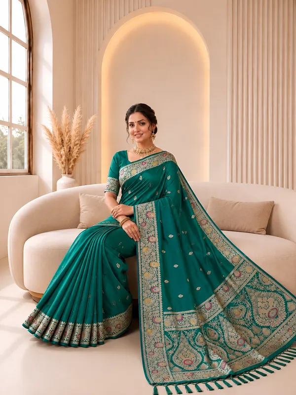 Rama_Green_Banarasi_Silk_Saree_with_Intricate_Gold_Zari_&_Floral_Border