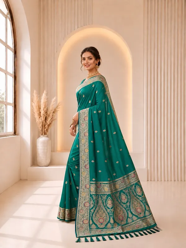 Rama_Green_Banarasi_Silk_Saree_with_Intricate_Gold_Zari_&_Floral_Border