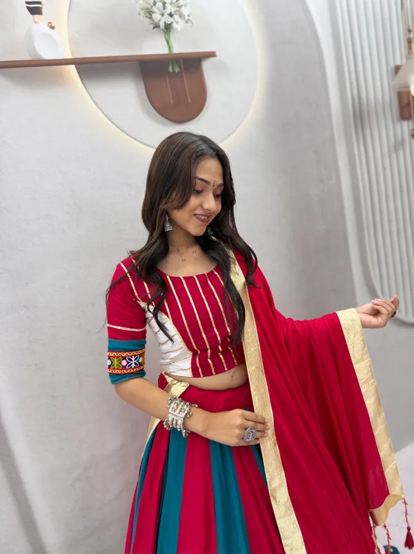 Rani_Pink_&_Teal_Designer_Lehenga_Choli_with_Gold_Border_Dupatta