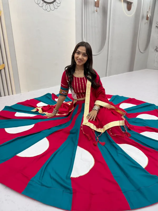Rani_Pink_&_Teal_Designer_Lehenga_Choli_with_Gold_Border_Dupatta