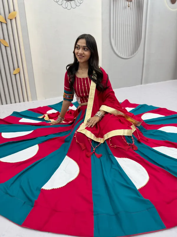 Rani_Pink_&_Teal_Designer_Lehenga_Choli_with_Gold_Border_Dupatta