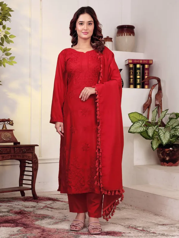 Red_Chikankari_Embroidered_Straight_Kurta_with_Trousers_&_Tassel_Dupatta_Set