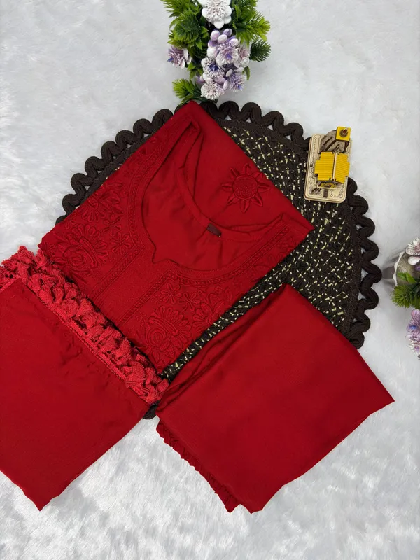 Red_Chikankari_Embroidered_Straight_Kurta_with_Trousers_&_Tassel_Dupatta_Set
