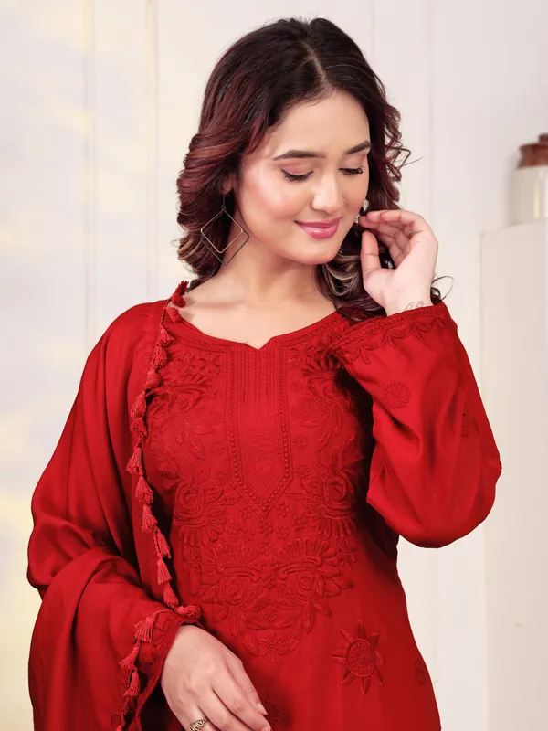 Red_Chikankari_Embroidered_Straight_Kurta_with_Trousers_&_Tassel_Dupatta_Set