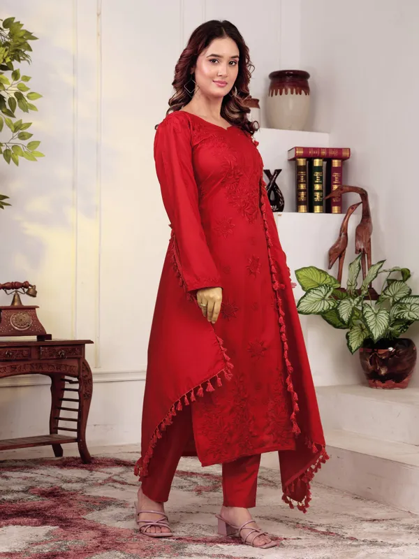 Red_Chikankari_Embroidered_Straight_Kurta_with_Trousers_&_Tassel_Dupatta_Set