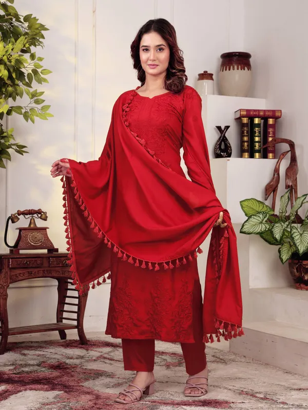Red_Chikankari_Embroidered_Straight_Kurta_with_Trousers_&_Tassel_Dupatta_Set