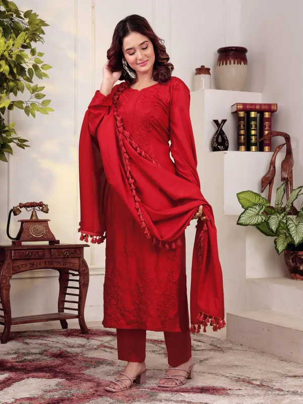 Red_Chikankari_Embroidered_Straight_Kurta_with_Trousers_&_Tassel_Dupatta_Set