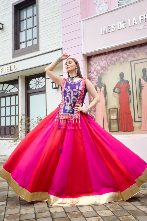 Royal_Purple_Embroidered_Kurti_with_Pink_Flared_Skirt_Set