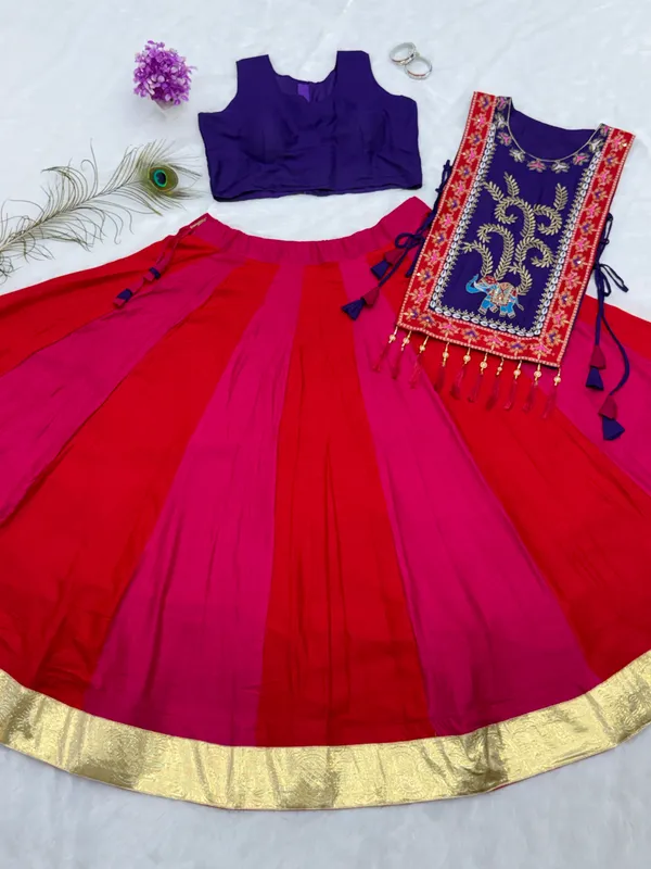 Royal_Purple_Embroidered_Kurti_with_Pink_Flared_Skirt_Set