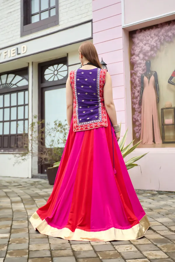 Royal_Purple_Embroidered_Kurti_with_Pink_Flared_Skirt_Set