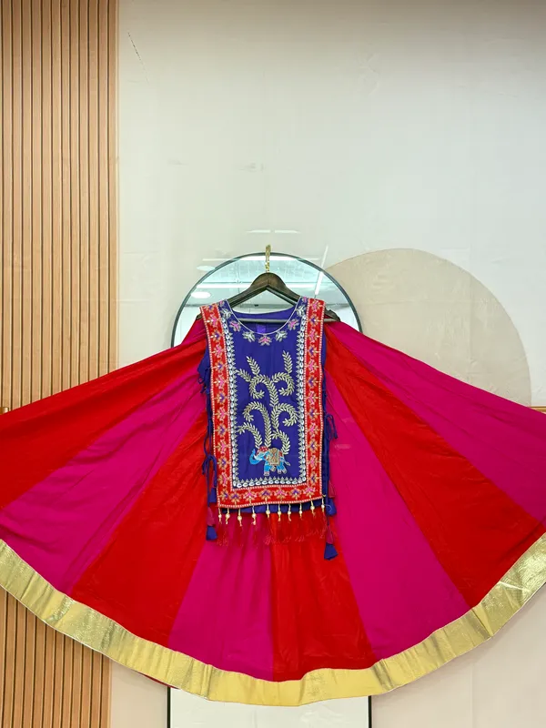 Royal_Purple_Embroidered_Kurti_with_Pink_Flared_Skirt_Set