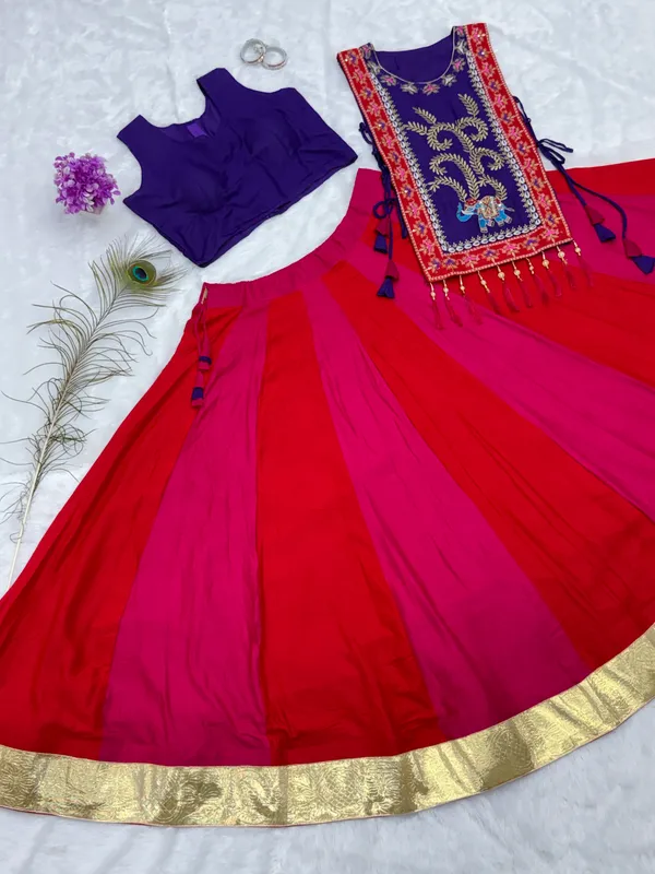 Royal_Purple_Embroidered_Kurti_with_Pink_Flared_Skirt_Set