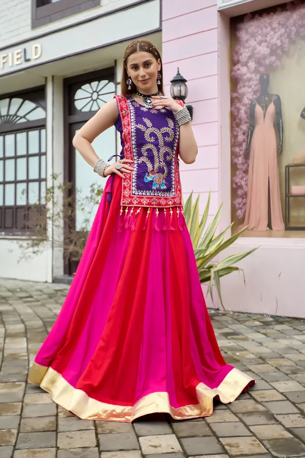 Royal_Purple_Embroidered_Kurti_with_Pink_Flared_Skirt_Set