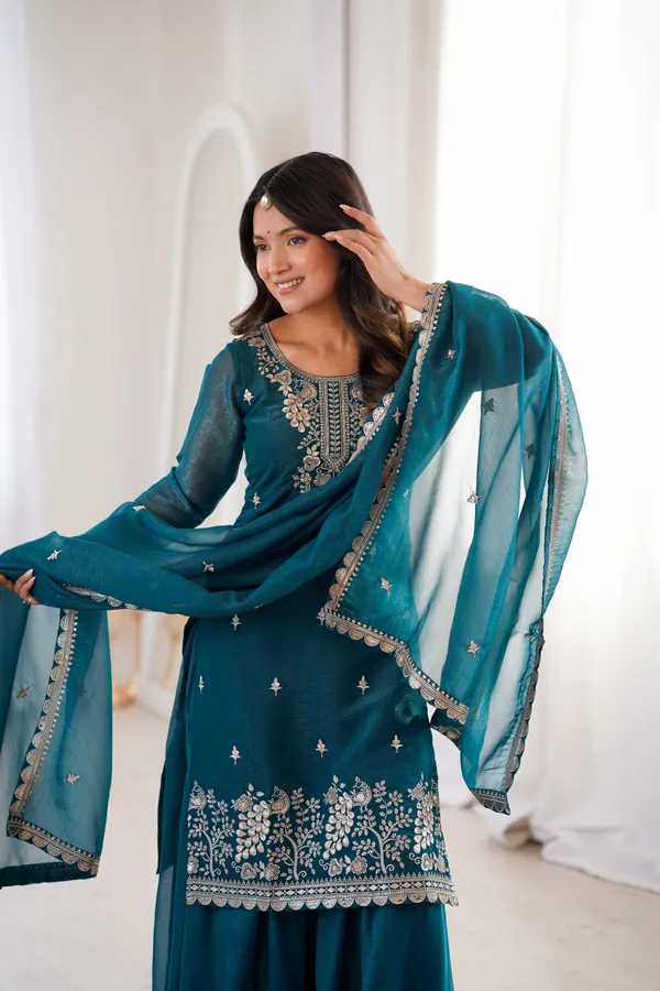 Teal_Blue_Embroidered_Chanderi_Kurta_Set_with_Sharara_&_Dupatta