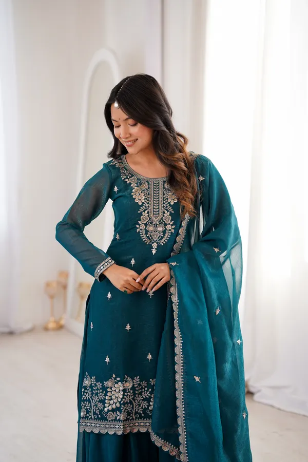 Teal_Blue_Embroidered_Chanderi_Kurta_Set_with_Sharara_&_Dupatta