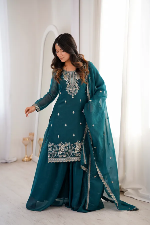 Teal_Blue_Embroidered_Chanderi_Kurta_Set_with_Sharara_&_Dupatta