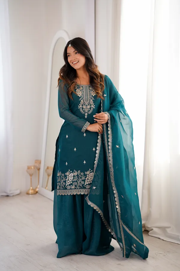 Teal_Blue_Embroidered_Chanderi_Kurta_Set_with_Sharara_&_Dupatta