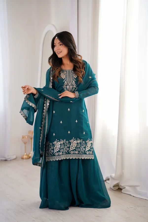 Teal_Blue_Embroidered_Chanderi_Kurta_Set_with_Sharara_&_Dupatta