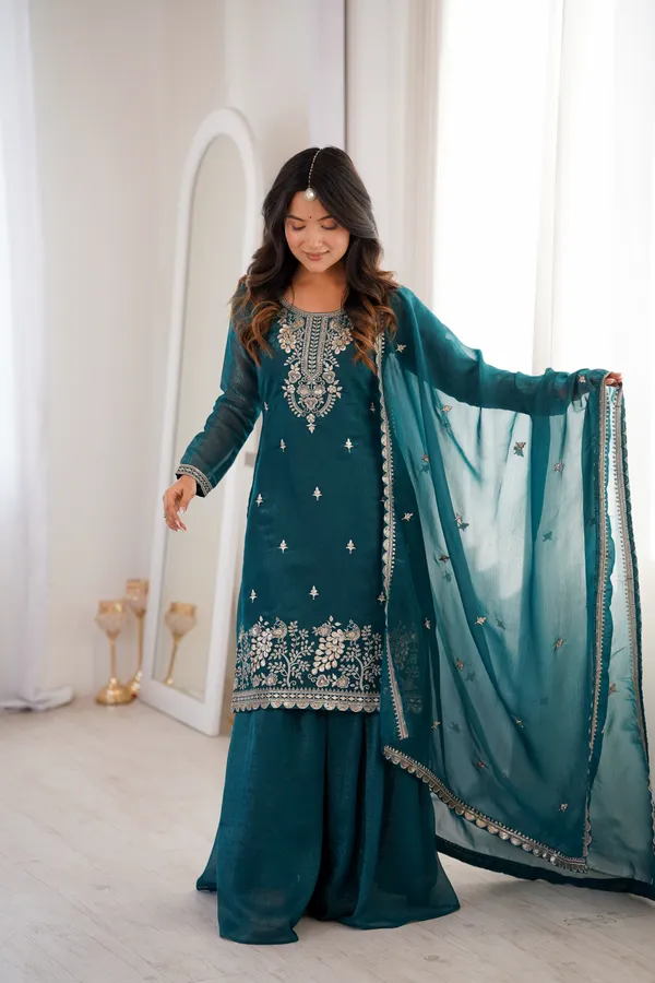 Teal_Blue_Embroidered_Chanderi_Kurta_Set_with_Sharara_&_Dupatta