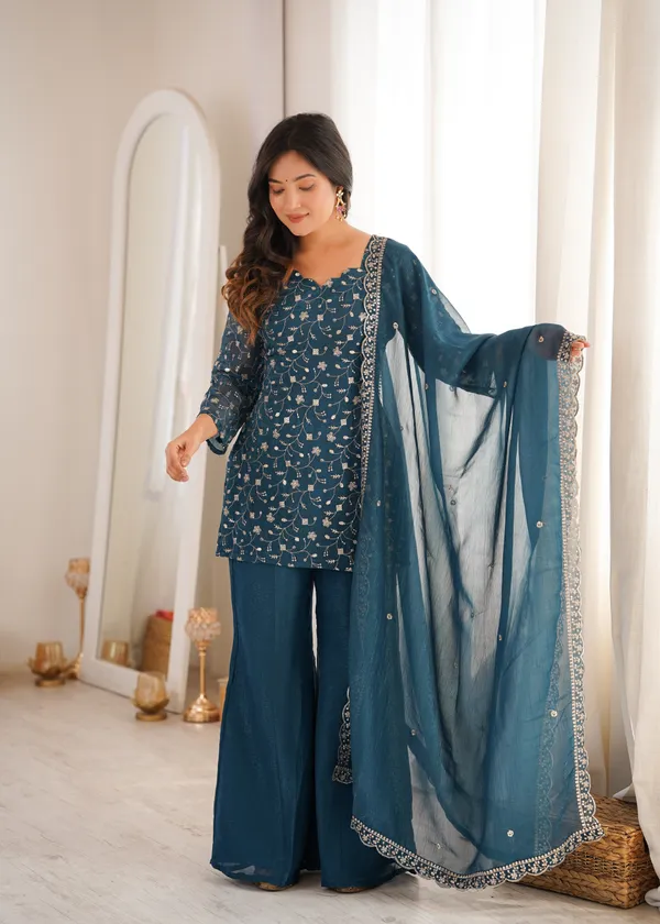 Teal_Blue_Embroidered_Kurti_with_Sharara_Pants_&_Dupatta_Set