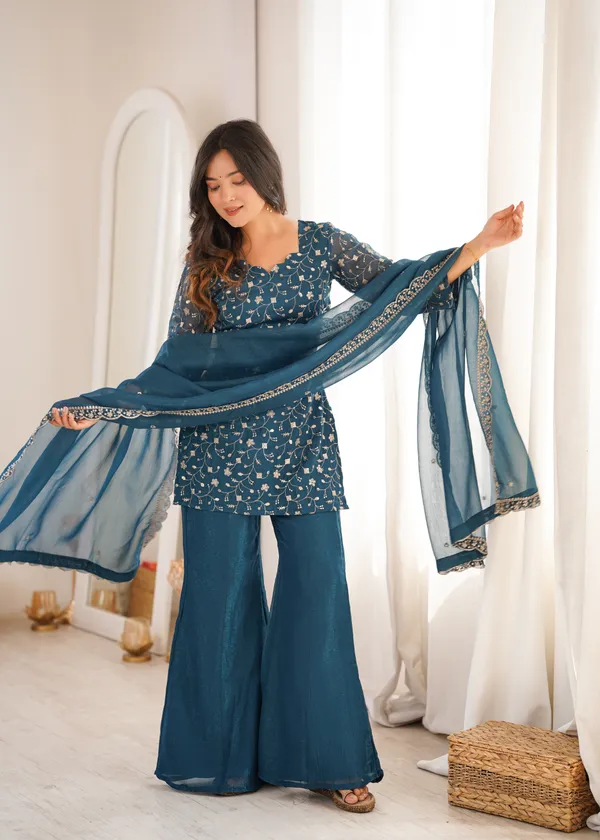 Teal_Blue_Embroidered_Kurti_with_Sharara_Pants_&_Dupatta_Set