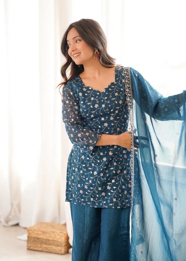 Teal_Blue_Embroidered_Kurti_with_Sharara_Pants_&_Dupatta_Set