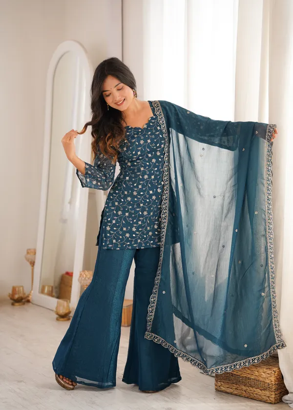 Teal_Blue_Embroidered_Kurti_with_Sharara_Pants_&_Dupatta_Set