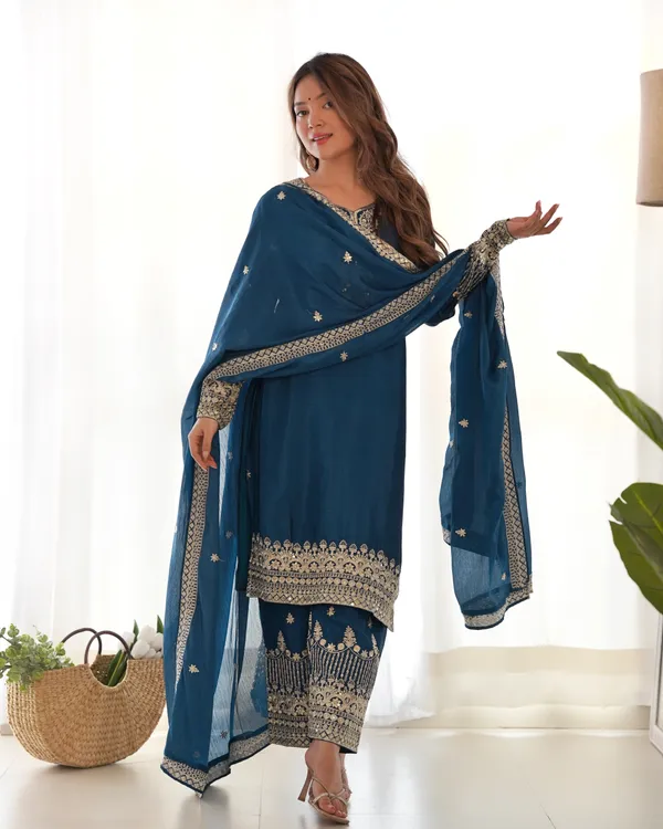 Teal_Blue_Embroidered_Silk_Kurta_Set_with_Matching_Dupatta