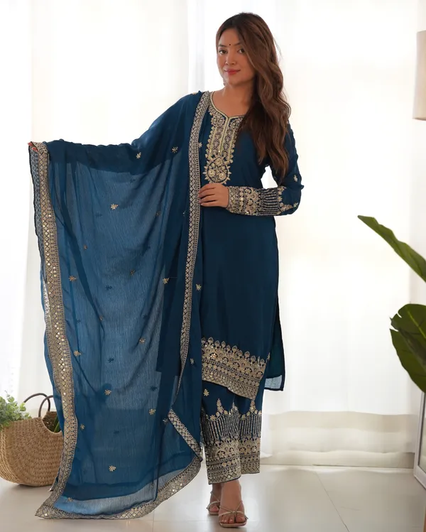 Teal_Blue_Embroidered_Silk_Kurta_Set_with_Matching_Dupatta
