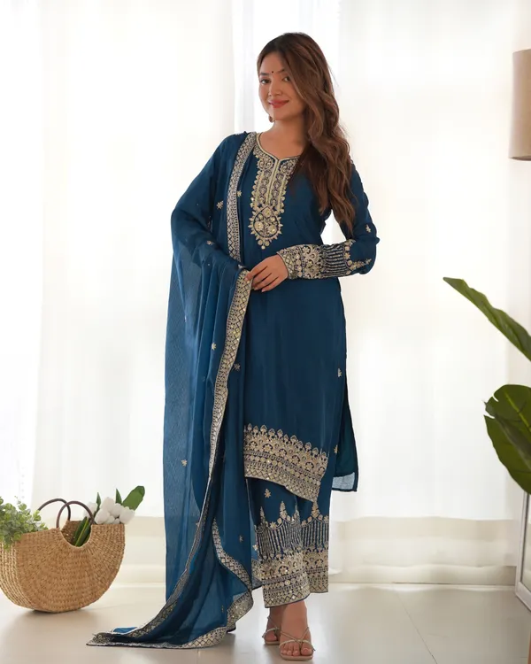 Teal_Blue_Embroidered_Silk_Kurta_Set_with_Matching_Dupatta