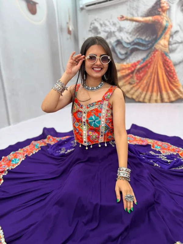 Traditional_Embroidered_Navratri_Chaniya_Choli_Set_–_Orange_Mirror_Work_Crop_Top_with_Royal_Purple_Lehenga_&_Dupatta