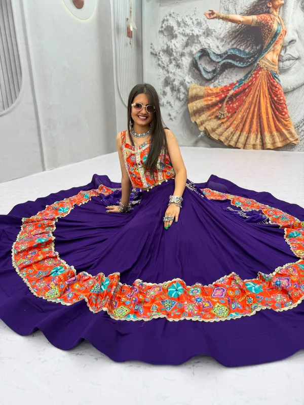 Traditional_Embroidered_Navratri_Chaniya_Choli_Set_–_Orange_Mirror_Work_Crop_Top_with_Royal_Purple_Lehenga_&_Dupatta