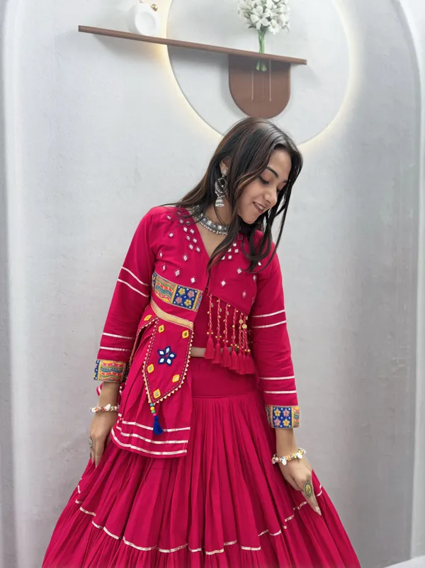 Traditional_Magenta_Cotton_Navratri_Chaniya_Choli_Set_with_Koti_Jacket,_Mirror_Work_&_Gota_Patti_Accent